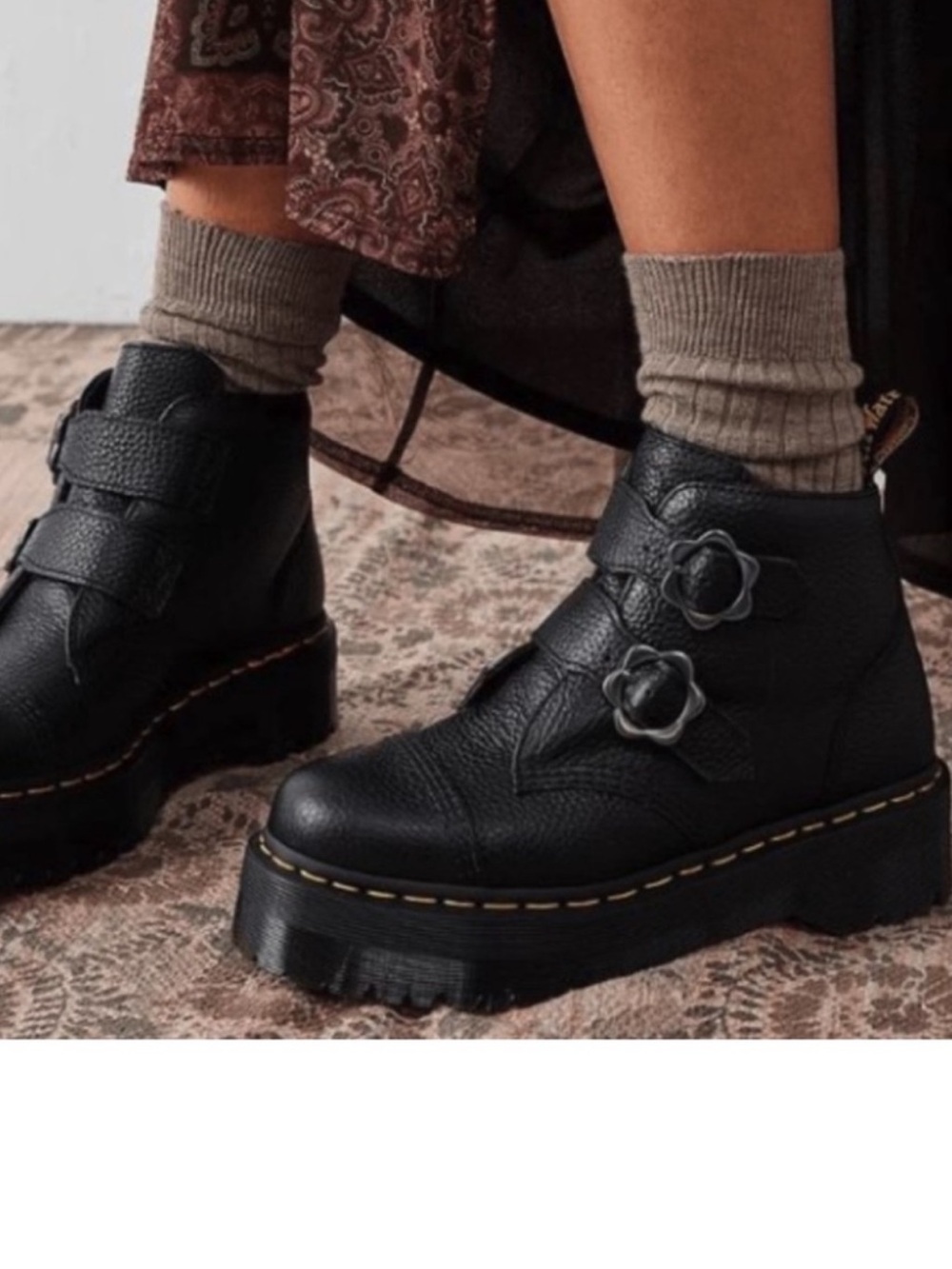 NWOB Dr. Marten Devon Flower Buckle Leather Platform Boots - Black
